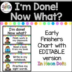 I'm Done! Now What? - Early Finishers Chart with EDITABLE versions (Neon Dots) I'm Finished Now What Early Finishers, Early Finishers Anchor Chart, Early Finishers Activities 1st Grade, Kindergarten Classroom Design, Classroom Setup Elementary, Kindergarten Classroom Setup, Teacher Corner, Cactus Classroom