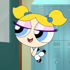 the powerpuff character is jumping in front of lockers with her eyes closed