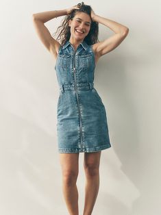 Women's '70s Union-All™ Zip-Up Dress | Women's Skirts & Dresses | Lee® Fitted Cotton Denim Dress In Retro Style, Vintage Denim Dress For Spring, Retro Fitted Cotton Denim Dress, Fitted Retro Cotton Denim Dress, Fitted Vintage Denim Dress For Fall, Vintage Relaxed Fit Dress, Retro Sleeveless Denim Dress For Spring, Retro Fitted Denim Summer Dress, Vintage Fitted Denim Dress