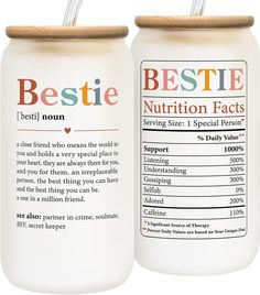 two plastic jars with labels on them for bestie and nutrition fact labellings