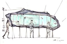 a drawing of people standing in front of a building