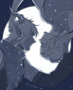 two people standing next to each other in front of the moon with horns on their heads