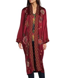 From JOHNNY WAS&#x2C; this kimono features:Embroidered knit fabricationKimono silhouette Open front neckline Long sleevesSide pocketsStraight hemline Open front; no closure Approx. 45.5" lengthRayon/viscoseDry clean Imported. Long Embroidered Festive Kimono, Long Red Embroidered Outerwear, Festive Long Sleeve Floral Embroidered Kimono, Long Multicolor Floral Embroidered Kimono, Luxury Bohemian V-neck Kimono, Kimono Coat, No Closure, Long Vests, Long Kimono