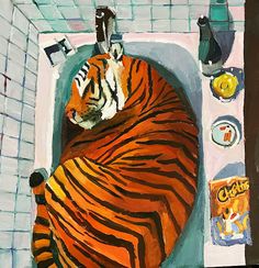 a painting of a tiger laying in a sink