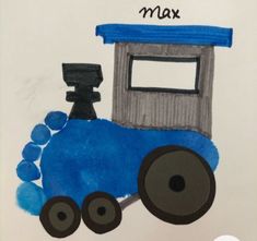 a child's drawing of a blue train with the word max on it,