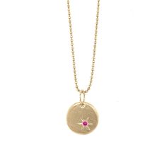 The 14k gold HAMY charm is a baby round pendant with a brushed satin finish featuring a single pink sapphire with hand etching. A perfect piece to wear daily for a simple elegance, or to layer with other charms. Available as pendant only, or with our recommended chain. Make it custom with the gemstone color of your choice. Additional chain options available in our Chains & Chokers collection. Complimentary engraving on back - ideal for "2022" or initials. Chain shown is 14k gold 1.0 mm diamond c Open Cuff Bracelet, Round Sapphire, Purple Sapphire, White Gold Chains, Orange Sapphire, Green Diamond, Simple Elegance, Chain Choker, Round Pendant