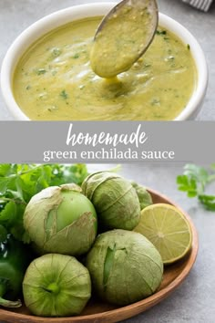 green enchilada sauce in a bowl with limes and cilantro