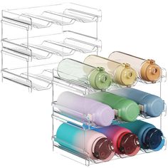 three tiered storage rack with cups and lids on each shelf, one holding two mugs