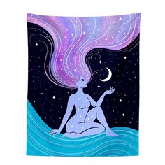 a woman sitting on top of a body of water under a sky filled with stars