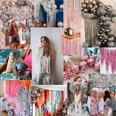 a collage of photos with different colors and designs on them, including balloons, streamers, decorations, and other items