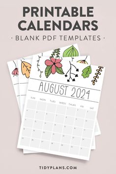 the printable calendar for august and august is shown with flowers, leaves and branches