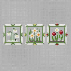 three cross stitch pictures with flowers in them on a gray background, one is green and the other is red