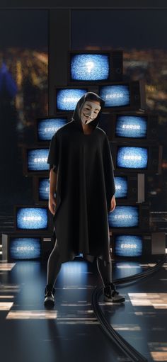 a man wearing a mask and cape standing in front of televisions with blue lights