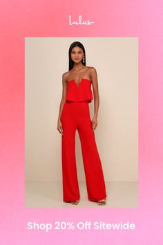 You'll be absolutely irresistible when you're wearing the Lulus Power of Love Red Strapless Jumpsuit! Stretch crepe knit shapes a strapless bodice with a fluttering tier, hidden V-bar, and no-slip strips. A high, fitted waist tops relaxed wide leg pants. Hidden back zipper/hook clasp. Fit: This garment fits true to size. Length: Floor length. Size medium measures 56" from top to bottom. Inseam: 32.50 Front Rise: 14.00 Bust: Works best for A to C cup sizes - consider sizing up for fuller bust. Waist: Fitted - very fitted at natural waist. Hip: Fitted - stretchy fabric allows room for hips. Undergarments: May be worn with petals, or no bra. Fabric: Fabric is very stretchy. Unlined. 96% Polyester, 4% Spandex. Hand Wash Cold. Do Not Bleach. Line Dry. Iron Low Heat. Imported. Lulus | Power of L Strapless Sleeveless Ruffles Jumpsuit For Date Night, Chic Red Tube Top For Evening, Flirty Strapless Fitted Jumpsuits And Rompers, Fitted Strapless Flirty Jumpsuits And Rompers, Strapless Solid Jumpsuits And Rompers For Date Night, Strapless Jumpsuits And Rompers For Date Night, Strapless Ruffled Jumpsuits And Rompers For Date Night, Glamorous Strapless Jumpsuits And Rompers For Date Night, Bandeau Strapless Jumpsuit For Party