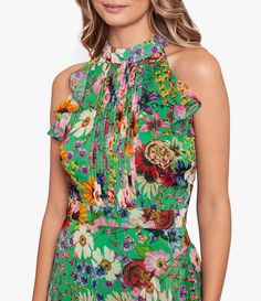 Betsy & Adam Halter Neck Sleeveless Ruffle Front Floral Chiffon Maxi Dress | Dillard's Gown Green, Halter Neck Gown, Wildflower Print, Floral Dress Formal, Sleeveless Gown