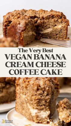 the very best vegan banana cream cheese coffee cake is cut in half and served on a plate