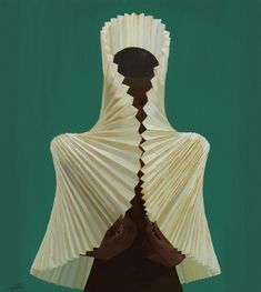 a woman's torso is made out of folded up paper and has her hands in the center