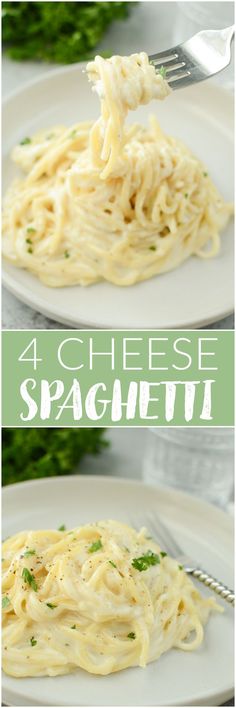 four cheese spaghetti on a white plate with parsley in the middle and another image above