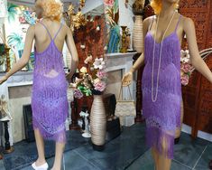 "Gorgeous 20's Great Gatsby style flapper dress, beautiful light purple lilac lace with V fringed panels all around. Truly romantic the fringe cut forms a distinct and flattering feminine silhouette. In very good condition, fully lined with stretch fabric.  Please, check the measurements below:  Length: 48\"/ 122 cm Bust: 34\"/ 87 cm Waist: 32\"/ 82 cm Hips: 38\"/ 97 cm Note: Any display/ accessory items are not included in this transaction" Lavender Party Dress With Lace Trim, Purple Flapper Dress, Downton Abbey Dress, Beaded Mesh Dress, Downton Abbey Dresses, Hell Lila, Great Gatsby Style, Evening Dress Beaded, Monsoon Dress