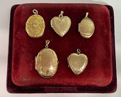 ERA - Circa 1930's-1990's 1-Beautiful Oval Shaped 10K gold & Diamond locket made by Finburg Manufacturing Co.of Attleboro, Massachusetts circa 1930s-40s. This lovely ornate solid gold locket has a diamond accent in the center of the front panel. It is stamped 10K and FMCO. Pendant length (including bail) 1 1/4 x 3/4 inches, Weight: 4.95 grams                                                                                2-Beautiful Heart Shaped 10k gold & Diamond locket made by AJ Jewelry Co. This lovely ornate solid gold locket has a diamond accent starburst in the center of the front panel. It is stamped 10K AJ Pendant length (including bail) 1 1/8x 13/16 inches, Weight: 2.53 grams                                         3- Lovely 10k gold flower motif locket made by AAJ Jewelry Co. This Vintage Gold Locket, Attleboro Massachusetts, Diamond Locket, Vintage Locket, Antique Locket, Vintage Lockets, Gold Locket, Silver Coat, Locket Charms