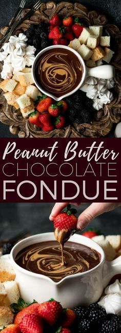 chocolate fondant being dipped into a bowl with strawberries and other desserts in the background