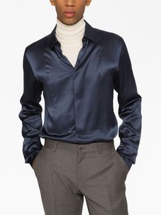 Dolce & Gabbana long-sleeved satin-finish Silk Shirt - Farfetch Men’s Silk Shirt, Satin Shirt Men, Satin Shirt Outfit, Black Satin Shirt, Silk Shirt Men, Button Down Outfit, Satin Shirts, Nude Outfits, Shirt Outfit Men