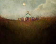 a painting of a tent in the middle of a field with a full moon above it