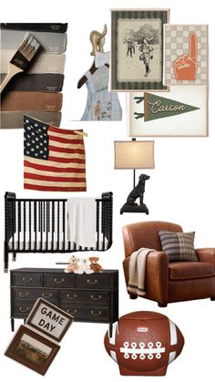 a baby's room with an american flag, football and other things on the wall