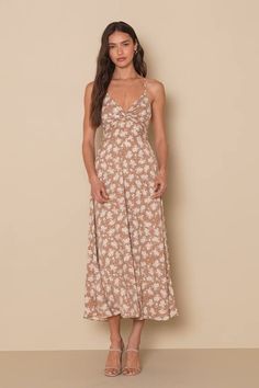 Create beautiful memories that you'll want to look over and over again with the Lulus Picturesque Moments Brown Floral Print Strappy Maxi Dress! This flowy maxi is composed of woven fabric (with a white and brown floral print throughout) that shapes a V-neckline and adjustable spaghetti straps that crisscross across an open back and tie at the waist. A twist-front bodice atop an empire waist continues to an A-line silhouette that ends at a flowy maxi hem. Hidden back zipper. Fit: This garment fi Cruise Dresses, Cruise Dress, Brown Floral Print, Strappy Maxi Dress, Lulus Dresses, Story Board, Beautiful Memories, Adhesive Bra, Cup Sizes