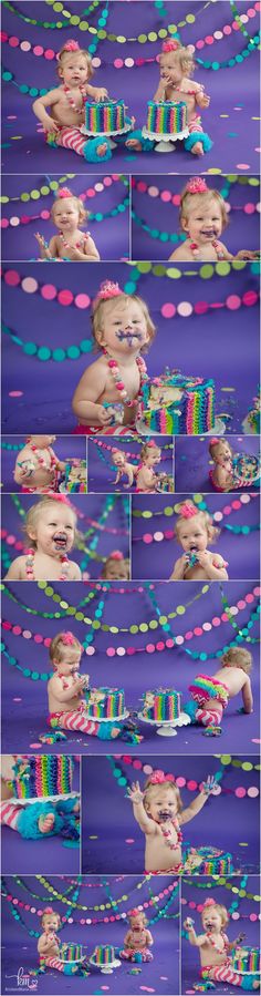 a collage of photos with baby's first birthday cake and confetti