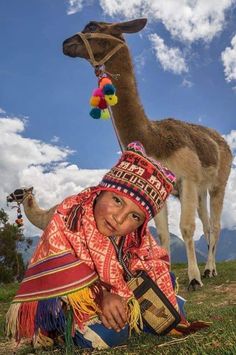 a person kneeling down next to a llama