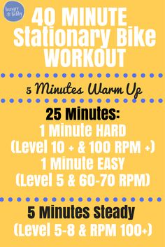 a poster with the words, 40 minute stationary bike workout 5 minutes warm up and 25 minutes hard