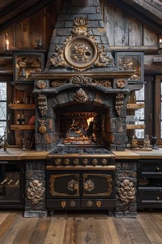 an old fashioned fireplace in the middle of a wood floored room with wooden floors