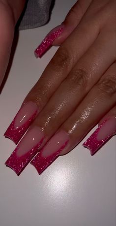 Hot Pink Nails For Birthday, Hot Pink Arclyc Nail, Pink Nail Inspo Acrylic Long, Hot Pink Glitter Acrylic Nails, Pink Glitter Prom Nails, Hot Pink Nails Birthday, Nail Inspiration Long Square, Dark Pink Acrylic Nails Designs, Buchi Fresa Nails Pink