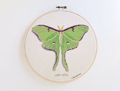 a small green butterfly on a white wall hanging from a hoop with the word moth printed on it