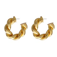 Introducing the Perla earrings from our Santa Fe Collection! Whether you're dressing for a special occasion or adding a touch of southwest-inspired charm to your everyday look, the Perla earrings are the perfect twisted gold hoop earrings for the job. Made with 24K gold-plated metal alloy and standard post backs. Please allow 7-14 business days for production from the order date. Measurements: 1 1/4" long x 1/4" wide Gold Earrings With A Modern Twist, Gold-tone Gold Plated Hoop Earrings, Gold-tone Gold-plated Hoop Earrings, Gold Wrap Earrings With A Modern Twist, Modern Twist Small Hoop Gold Earrings, Gold Hoop Earrings With A Modern Twist, Gold Twisted Metal Earrings, Twisted Gold Plated Hoop Earrings, Gold Twisted Metal Hoop Earrings