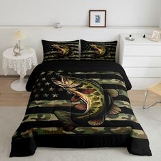 a bed with a fish on it and an american flag