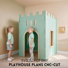 CNC cut playhouse plans, SVG Files Digital Download of Play House Outdoor, shop Playhouse for Children, Transform your kid's outdoor or indoor playtime with this simple  and charming wooden playhouse. Dimensions: L 4' / W 4' / H 5' 10'' WHAT IS IN THE CATALOG: Archive with different type of Files - Ai. Svg. Dxf. Pdf. Metric plans available upon request. Plans can't be copied and resold to others, you are guaranteed the right to use the plans to construct a single unit. No returns, exchanges, or Castle Playhouse Plans, Diy Nook, Cardboard Houses For Kids, Castle Playhouse, Cardboard Box Houses, Castle Plans, Cardboard Playhouse, Kids Castle, Playhouse Plans