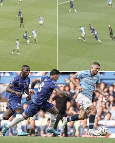 four different shots of soccer players on the field