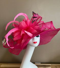 "Three layers of sinamay hat with sinamay bow in hot pink and shades of pink feather flowers, elegant, light and comfortable to wear. Head size is about 22.5\" unless otherwise requested. All hats include a sizing band to adjust for a comfortable fit.  Key Features: Wide brim Appr: 6\" Head Grith Appr: 22.5\" and adjustable to fit sizes smaller than 22.5\" Crown Deep Appr: 4.5\" Processing Time: 1-3 business days Warm tips:  ❤️Group discount on 3 or more pieces, please contact me for further inf Fitted Pink Fascinator With Feather Trim, Fitted Pink Mini Hat With Feather Trim, Pink Party Hat With Feathers, Pink Hats With Feather Trim And Adjustable Fit, Adjustable Pink Hat With Feather Trim, Pink Mini Hat With Feather Trim For Summer, Pink Feathered Costume Hat For Races, Pink Feather Trim Headpiece For Kentucky Derby, Pink Feathered Fascinator For Kentucky Derby