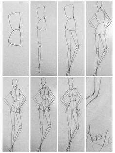 sketches of female mannequins in various positions and sizes, from front to back