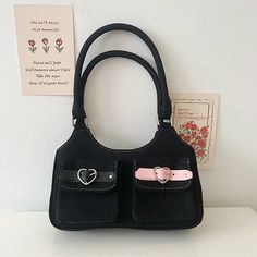 This Y2k Pink Black Leather Buckle Denim Shoulder Bag is the perfect blend of contemporary and classic style. The chic design features a full-grain veg tan leather buckle clasp and durable denim fabric for long-lasting wear. Enjoy a timeless look with this elegant shoulder bag. Product Detail Material: Denim, PU Leather Size: 23cm*12cm*5cm Gloomy Coquette, Denim Shoulder Bag, Denim Shoulder Bags, Y2k Pink, Veg Tan Leather, Bags Aesthetic, Pretty Bags, Leather Buckle, The Chic