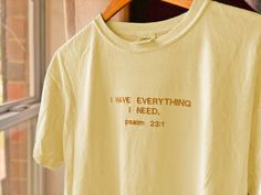 "The LORD is my shepherd; I have everything I need." Psalm 23 Embroidered Christian T-Shirt This embroidered t-shirt is meant to be a reminder of Psalm 23:1. We can be completely satisfied in God! Color: Banana Yellow tee Fit: Unisex, fits true to size Sizing: S,M,L,XL (other sizes available upon request) Material: Comfort Colors (see more info below) * 100% ring-spun cotton * Fabric weight: 6.1 oz/yd² (206.8 g/m²) * Garment-dyed * Relaxed fit * 7/8″ double-needle topstitched collar * Twill-tape Christian Embroidery, Jesus Clothes, Psalm 23 1, The Lord Is My Shepherd, Jesus Sweatshirts, Banana Yellow, Christian Sweatshirt, Christian T Shirt, Embroidered Crewneck