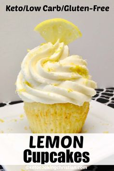 a lemon cupcake with white frosting on a plate