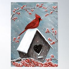 a painting of a cardinal sitting on top of a birdhouse in the snow poster