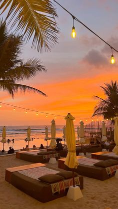 lounge chairs and umbrellas are set up on the beach at sunset with palm trees