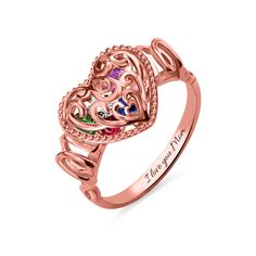 Engraved "MOM" Heart Cage Ring With Birthstones In Rose Gold Rose Gold Metal Rings As Gift, Rose Gold Metal Rings For Gift, Heart Shaped Metal Rings For Valentine's Day, Heart-shaped Metal Rings For Valentine's Day, Metal Rings For Anniversary On Valentine's Day, Valentine's Day Metal Heart Ring Gift, Heart-shaped Metal Rings For Anniversary, Personalized Rose Gold Heart Ring, Rose Gold Heart Ring With Birthstone For Gift