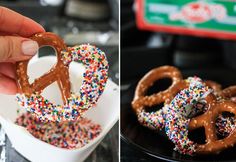 two pictures one with pretzels and the other with sprinkles on it