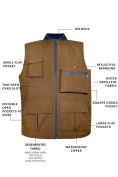 A functional, oversized cargo vest in a striking olive brown color. Featuring a soft, rib neckline and a water-repellent central zipper. The product has multiple external and internal pockets, including exposed zipper cargo pockets, flap pockets and card-size card slots. Made from GRS certified, 100% recycled polyester, which is made using waste that would otherwise pollute the Earth. It is also water-repellent. ’101’ reflective logo on the front left above the cargo pocket, & a ‘101%’ reflectiv Functional Outdoor Vest With Multiple Pockets, Functional Outdoor Vest With Side Pockets, Utility Vest With Side Pockets For Outdoor Activities, Functional Hiking Vest With Multiple Pockets, Functional Vest With Pockets For Travel, Functional Travel Vest With Pockets, Utility Vest With Multiple Pockets For Outdoor, Functional Khaki Vest For Outdoor Work, Functional Khaki Vest For Hiking