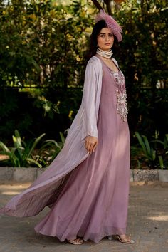 Lilac dress with thread, beads, nakshi and tassels embroidery. Comes with a cape and an inner. - Aza Fashions Traditional Dress With Cape Sleeves For Festive Occasions, Festive Dress With Dupatta And Front Open Design, Eid Dress With Resham Embroidery And Front Open Design, Traditional Festive Dress With Cape Sleeves, Eid Dresses With Resham Embroidery And Front Open, Designer Front Open Dresses With Intricate Embroidery, Designer Resham Embroidery Front Open Dress, Elegant Dress With Resham Embroidery And Front Open, Bohemian Hand Embellished Dresses For Reception